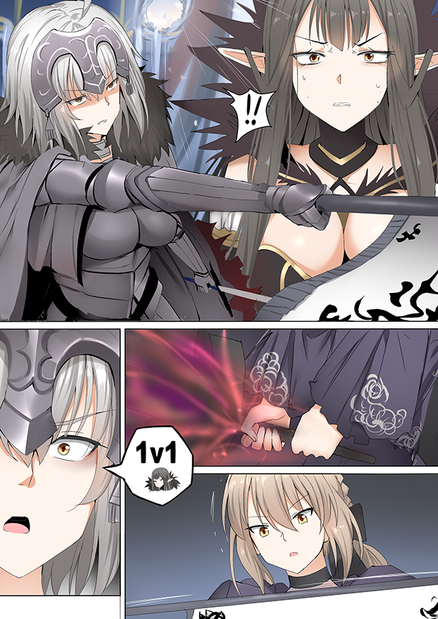 ! !! 3girls ahoge armor armored_dress artoria_pendragon_(all) bangs banner bare_shoulders black_dress black_hair braided_bun breasts comic dark_persona detached_sleeves dress eyebrows_visible_through_hair fate/grand_order fate_(series) flag fur_trim gauntlets ginhaha hair_bun headpiece hole_in_wall jeanne_d'arc_(alter)_(fate) jeanne_d'arc_(fate)_(all) large_breasts long_hair multiple_girls pointy_ears saber_alter semiramis_(fate) short_hair silent_comic silver_hair speech_bubble spoken_exclamation_mark sweat sweatdrop sweating_profusely sword weapon yellow_eyes