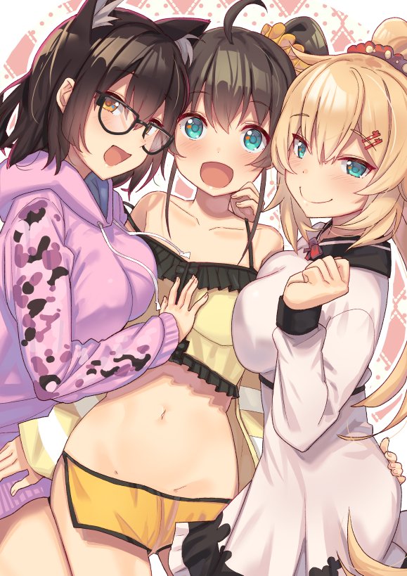 3girls ahoge akai_haato animal_ears bespectacled black_hair blonde_hair blue_eyes breast_squeeze breasts brown_hair collarbone commentary_request glasses hair_ornament hairclip hololive jacket large_breasts long_hair midriff multiple_girls natsuiro_matsuri naughty_face navel open_mouth ponytail roboco-san roboco_ch. scrunchie short_hair shorts side_ponytail small_breasts smile tonari_no_kai_keruberosu touching virtual_youtuber yellow_eyes