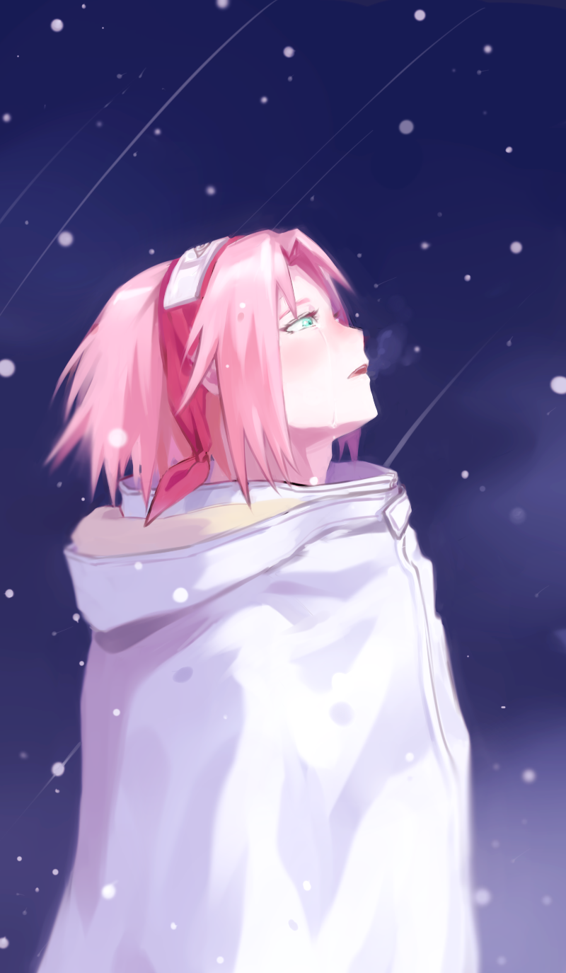 1girl cape crying crying_with_eyes_open from_side green_eyes haruno_sakura highres jiwon2604 looking_up naruto_(series) naruto_shippuuden night open_mouth outdoors pink_hair profile red_headband short_hair snowing solo tears upper_body white_cape