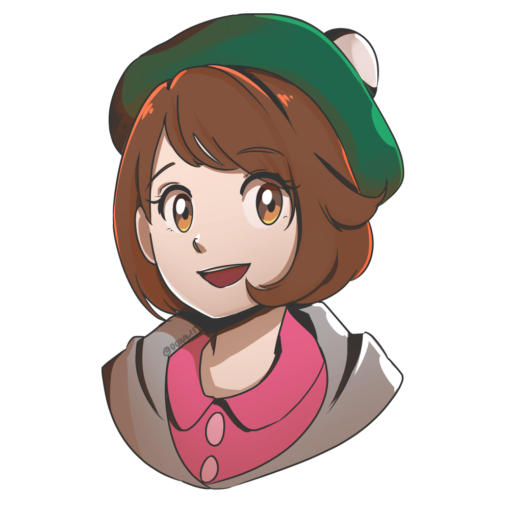 1girl bob_cut brown_eyes brown_hair creatures_(company) cropped_shoulders doxalis dress female_protagonist_(pokemon_swsh) game_freak green_hat grey_sweater hat looking_at_viewer nintendo pink_dress pokemon pokemon_(game) pokemon_swsh portrait short_hair simple_background smile solo sweater tam_o'_shanter white_background