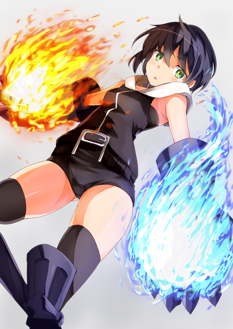 armpit_peek bare_shoulders black_hair blue_fire boots choker claw_(weapon) claws commentary_request eternal_flame eyebrows_visible_through_hair fire from_below gauntlets gluteal_fold green_eyes grey_background knee_boots million_arthur_(series) okosan_(pixiv) open_mouth short_hair short_shorts shorts simple_background sleeveless sleeveless_sweater sleeveless_turtleneck thigh-highs thighs turtleneck undershirt weapon