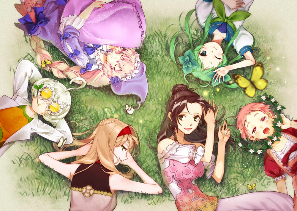 6+girls :d :o ;) ahoge arm_up arms_behind_head blue_bow blush bow braid brown_hair bug butterfly covered_eyes from_above grass green_eyes green_hair green_neckwear hairband hat hrpk0101 insect long_braid long_sleeves lying mouth_hold multiple_girls on_back on_stomach one_eye_closed open_mouth orange_shirt original outdoors pillow pillow_hug pink_hair purple_hat red_eyes red_hairband shirt short_hair short_hair_with_long_locks short_sleeves sleeping sleeveless smile white_hair wreath