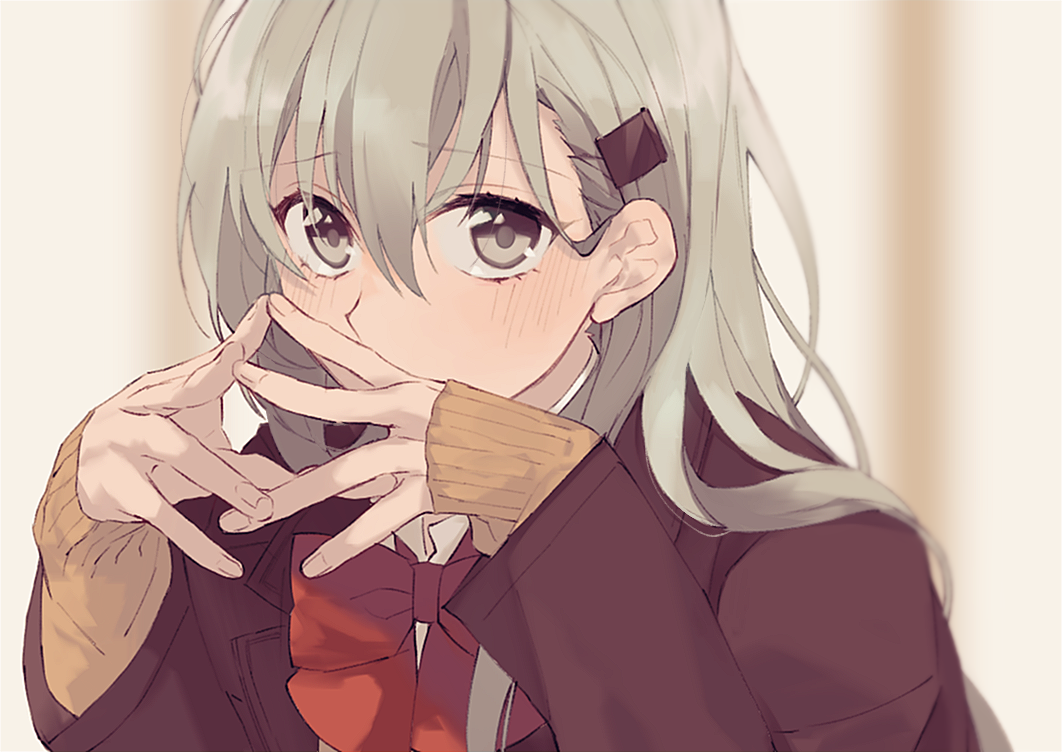 1girl aqua_hair blurry blurry_background blush bow bowtie brown_jacket collared_shirt fidgeting fingers_together green_eyes hair_between_eyes hair_ornament hairclip jacket kantai_collection long_hair long_sleeves looking_at_viewer red_neckwear remodel_(kantai_collection) shirt solo suzuya_(kantai_collection) tokodanbou white_shirt