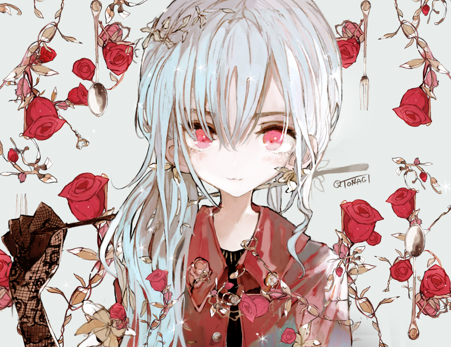 1girl asahiro black_shirt closed_mouth facing_viewer flower fork holding jacket long_hair looking_at_viewer original plant red_eyes red_jacket rose shirt side_ponytail silver_hair solo spoon twitter_username upper_body