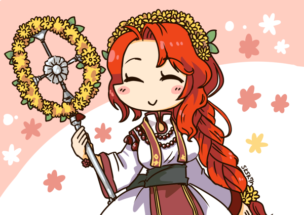 1girl artist_name bead_necklace beads braid closed_eyes closed_mouth fire_emblem fire_emblem:_souen_no_kiseki fire_emblem_heroes head_wreath holding holding_staff jewelry long_hair long_sleeves necklace nintendo redhead sksk7r smile solo staff tiamat_(fire_emblem) upper_body wide_sleeves