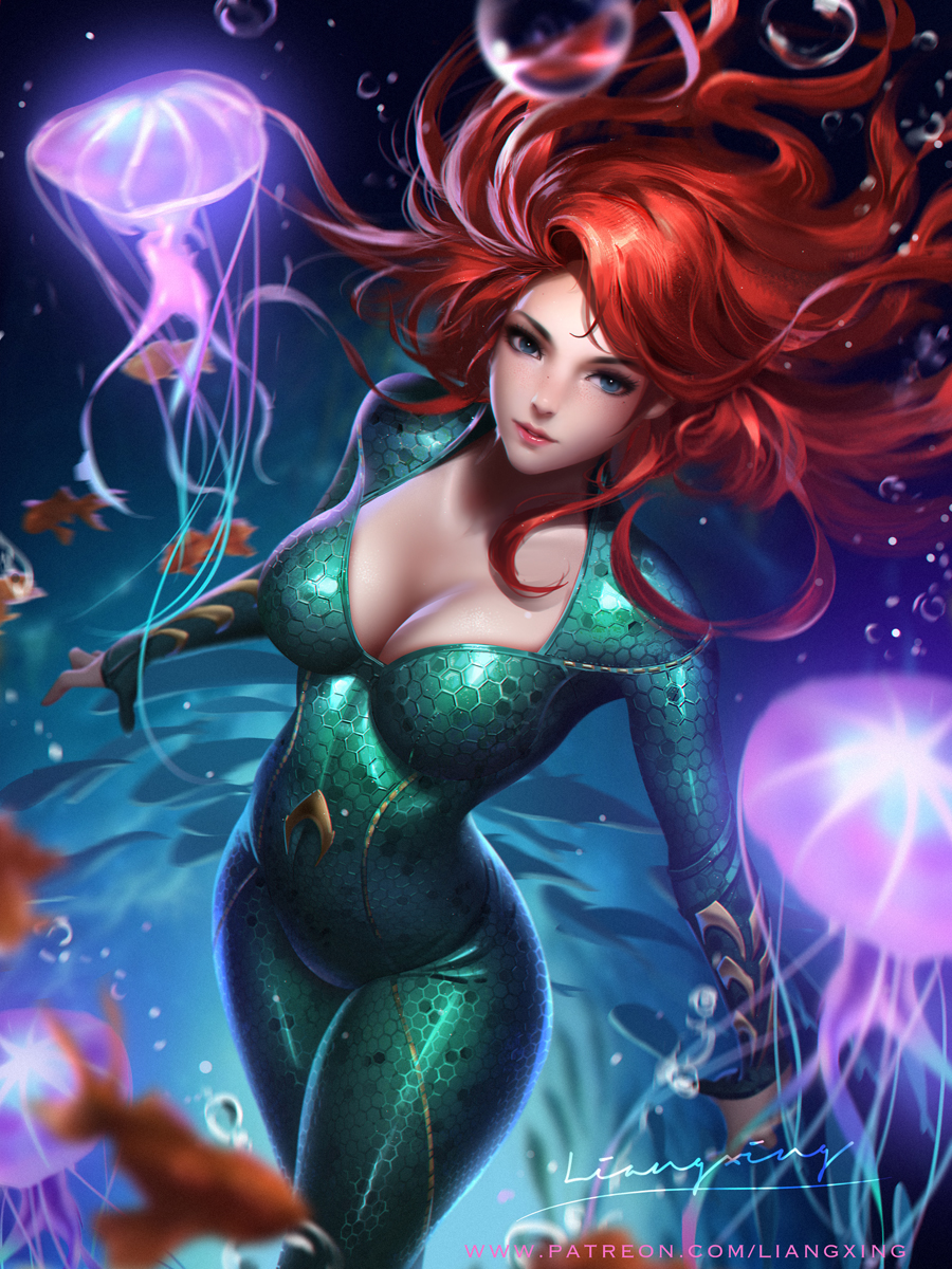 air_bubble aqua_bodysuit aquaman_(series) artist_name blue_eyes blurry breasts bubble cleavage collarbone commentary covered_navel cowboy_shot dark_background depth_of_field english_commentary fish from_above highres honeycomb_(pattern) jellyfish large_breasts liang_xing long_hair long_sleeves looking_at_viewer looking_up mera_(dc) parted_lips pink_lips redhead signature smile underwater watermark web_address wetsuit