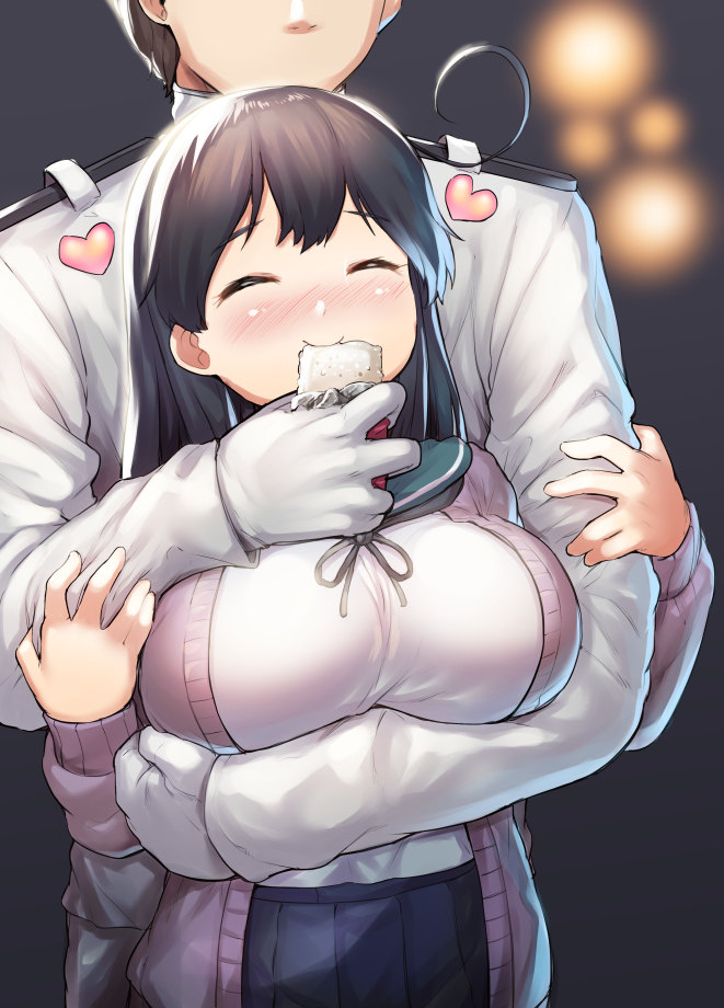 1boy 1girl admiral_(kantai_collection) black_hair blush breasts cardigan closed_eyes danbo_(rock_clime) eating epaulettes hair_ornament heart kantai_collection large_breasts long_hair military military_uniform naval_uniform ribbon school_uniform serafuku smile uniform ushio_(kantai_collection) white_day