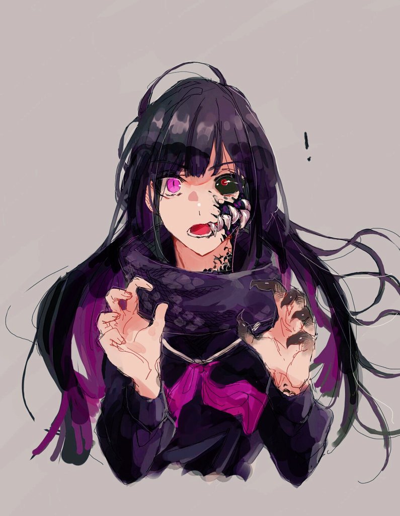 ! 1girl black_hair black_sclera claws cropped_torso fangs fate/grand_order fate_(series) koha-ace oryou_(fate) pink_eyes sailor_collar scales scarf sketch
