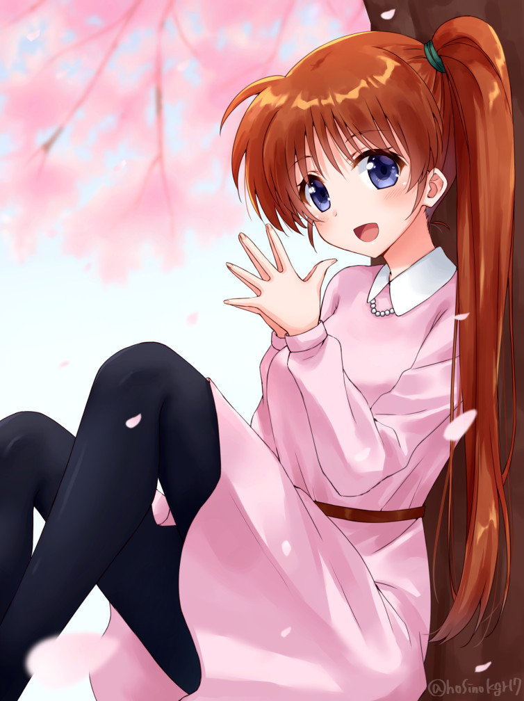 1girl :d against_tree black_legwear blush brown_hair cherry_blossoms dress hair_ornament hands_together hoshino_kagari jewelry long_hair long_sleeves looking_at_viewer lyrical_nanoha mahou_shoujo_lyrical_nanoha_strikers necklace open_mouth pantyhose pearl_necklace petals pink_dress side_ponytail sitting smile solo takamachi_nanoha tree violet_eyes