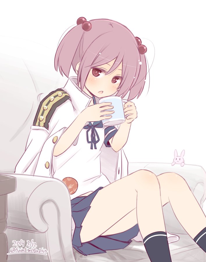 1girl badge black_legwear blue_sailor_collar blue_skirt commentary_request couch cup dated feet_out_of_frame fujisaki_yuu hair_bobbles hair_ornament jacket_on_shoulders kantai_collection legs_crossed mug pink_eyes pink_hair pleated_skirt rabbit sailor_collar sazanami_(kantai_collection) school_uniform serafuku short_hair sitting skirt socks solo twintails twitter_username