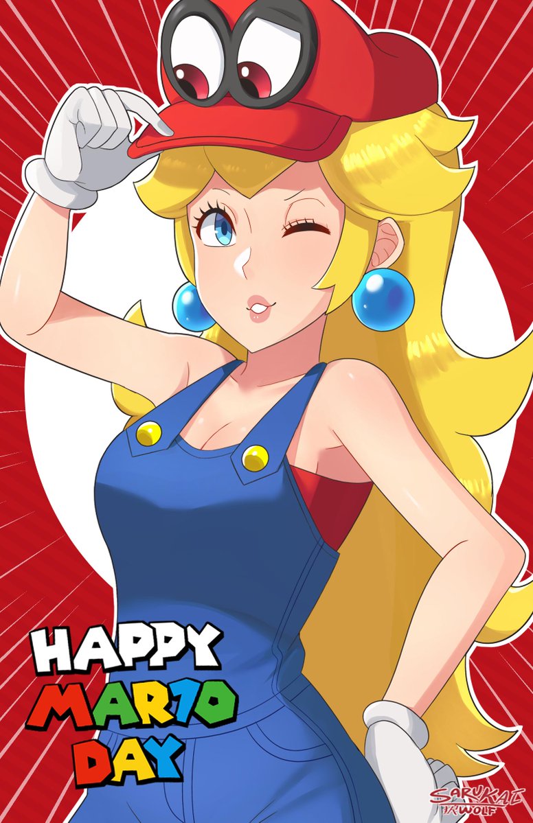 1girl artist_name bare_arms bare_shoulders blonde_hair blue_earrings blue_eyes blue_overalls breasts cappy_(mario) cleavage cosplay earrings gloves hat jewelry large_breasts long_hair super_mario_bros. nintendo no_bra one_eye_closed open_mouth overalls possessed princess princess_peach red_background red_shirt sarukaiwolf shirt smile super_mario_bros. super_mario_odyssey undershirt white_gloves