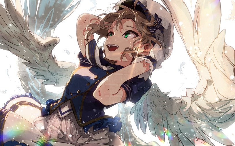 1girl angel_wings blue_bow blue_shirt bow brown_hair character_request earrings feathered_wings floating_hair frilled_skirt frills gloves green_eyes hair_between_eyes hamada_(super_tachioyogi_kyousou) hat hat_bow idolmaster jewelry looking_up miniskirt musical_note_earrings shadow shirt short_hair short_sleeves skirt solo standing striped striped_bow white_gloves white_hat white_skirt white_wings wings