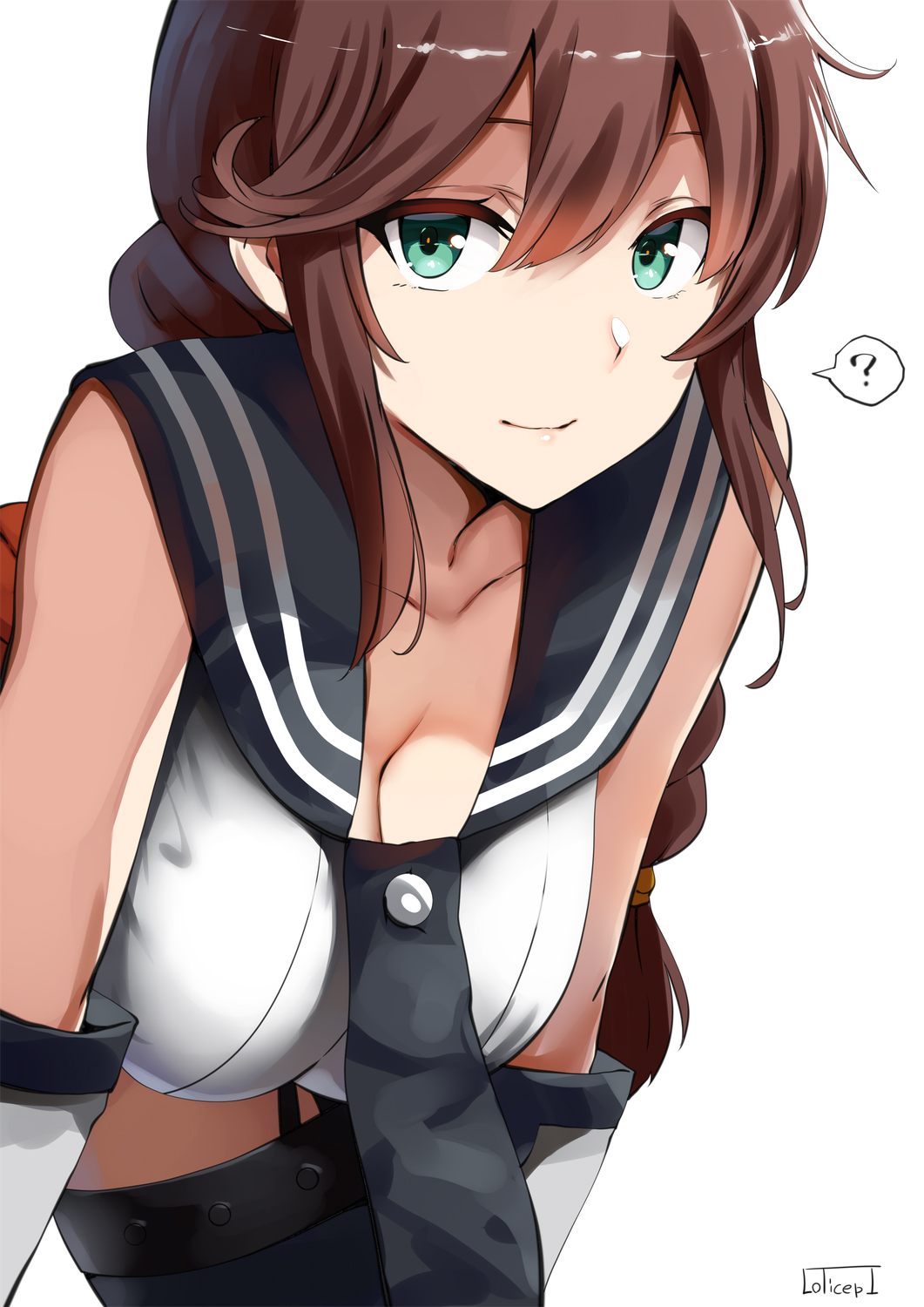 1girl ? bangs bare_shoulders blush braid breasts brown_hair cleavage closed_mouth commentary_request gloves green_eyes hair_between_eyes hanging_breasts highres kantai_collection large_breasts leaning_forward lolicept long_hair looking_at_viewer necktie noshiro_(kantai_collection) red_skirt sailor_collar school_uniform serafuku simple_background skirt smile solo spoken_question_mark swept_bangs thigh-highs thighs twin_braids white_background white_gloves