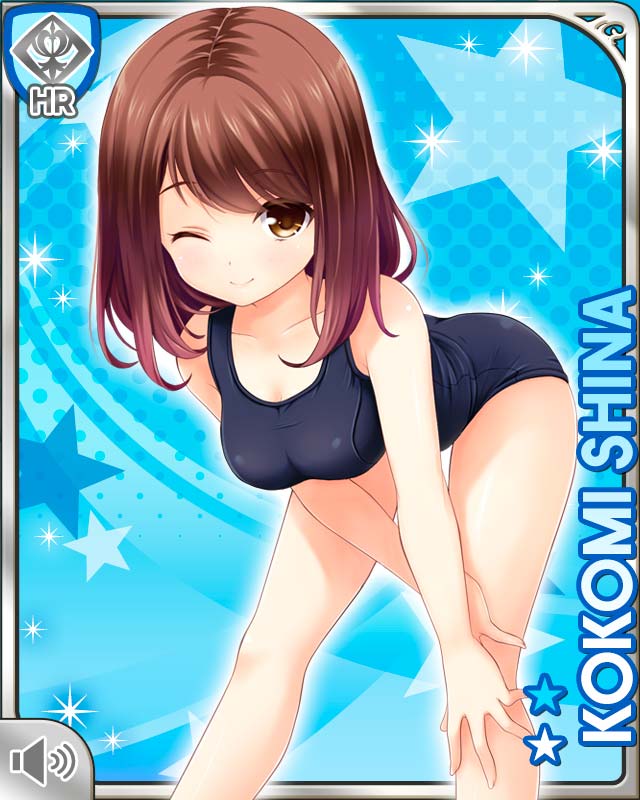 1girl bent_over breasts brown_eyes brown_hair character_name girlfriend_(kari) hands_on_own_knee official_art one-piece_swimsuit one_eye_closed qp:flapper school_swimsuit shiina_kokomi short_hair smile solo swimsuit