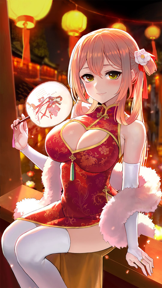 1girl armpit_crease backlighting bare_shoulders blurry blurry_background blush breasts bridal_gauntlets brown_hair china_dress chinese_clothes cleavage cleavage_cutout closed_mouth commentary_request depth_of_field dress fan feather_boa feet_out_of_frame flower girls_frontline green_eyes hair_flower hair_ornament hair_rings holding holding_fan lantern large_breasts long_hair looking_at_viewer m1903_springfield_(girls_frontline) night paper_lantern red_dress side_slit sidelocks sitting sleeveless sleeveless_dress smile solo taesi tassel thigh-highs thighs white_flower white_legwear