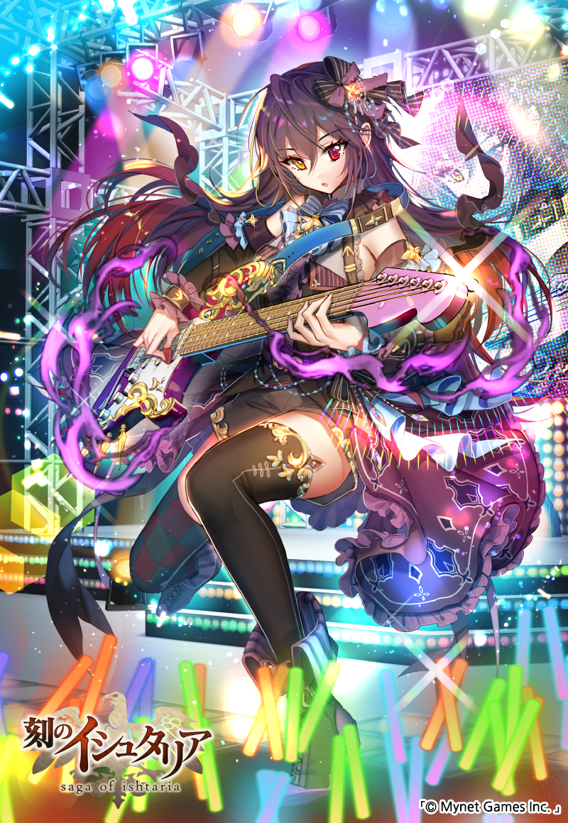 1girl age_of_ishtaria black_hair black_legwear bow bracelet company_name copyright_name glowstick guitar hair_bow heterochromia indoors instrument interitio jewelry long_hair official_art plaid plaid_legwear plectrum red_eyes stage_lights thigh-highs very_long_hair yellow_eyes