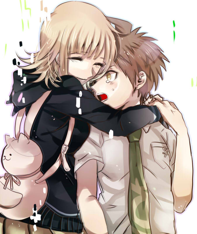 1boy 1girl backpack bag black_sweater blonde_hair brown_hair closed_eyes dangan_ronpa green_neckwear grey_shirt hinata_hajime hood hood_down hooded_sweater hug hug_from_behind kurozatou_owata long_sleeves nanami_chiaki necktie open_mouth school_uniform shirt short_hair simple_background spiky_hair super_dangan_ronpa_2 sweater tears white_background yellow_eyes