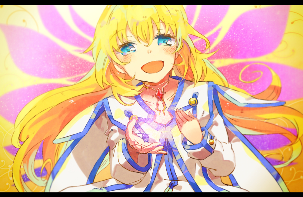 1girl :d bangs blonde_hair blue_eyes blush collarbone collet_brunel eyebrows_visible_through_hair gem hair_between_eyes hand_on_own_chest hands_up jewelry long_hair looking_at_viewer nakariku neck_ring open_mouth pink_wings smile solo tales_of_(series) tales_of_symphonia upper_body wings