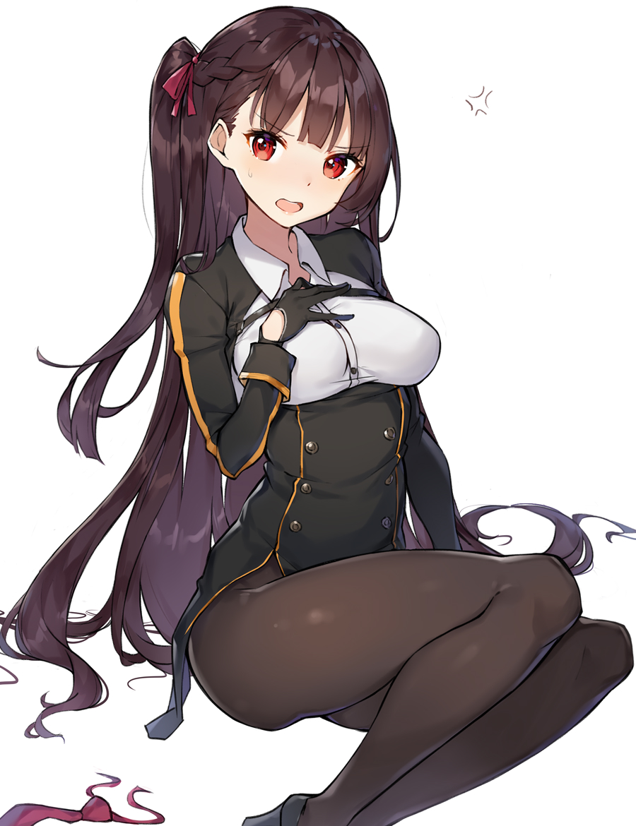 1girl anger_vein bangs black_dress black_footwear black_gloves blush braid breasts brown_hair brown_legwear collared_shirt dress dress_shirt eyebrows_visible_through_hair feet_out_of_frame girls_frontline gloves hair_ribbon hand_on_own_chest hand_up head_tilt long_hair long_sleeves looking_at_viewer medium_breasts necktie necktie_removed one_side_up open_mouth pantyhose red_eyes red_neckwear red_ribbon ribbon rikoma shirt simple_background sitting solo sweat upper_teeth v-shaped_eyebrows very_long_hair wa2000_(girls_frontline) white_background white_shirt