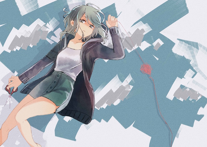 1girl black_jacket collarbone frown green_eyes green_hair gumi holding holding_scissors hood hood_down hooded_jacket jacket kino_(m6t2a) long_sleeves red_string scissors shirt short_hair side_slit skirt solo string string_around_finger vocaloid white_shirt