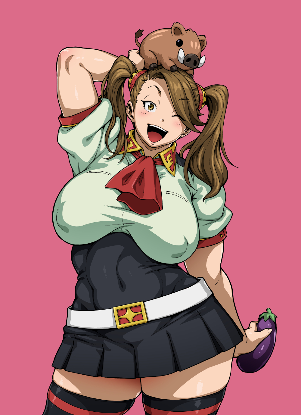 1girl alternate_legwear belly belt belt_buckle blush boar breasts brown_eyes brown_hair buckle chinese_zodiac cravat curvy eggplant fat gundam gundam_build_fighters gundam_build_fighters_try hair_ornament hand_on_own_head high-waist_skirt highres jun_(rojiura_jack) kneehighs large_breasts long_hair looking_at_viewer navel one_eye_closed open_mouth plump sagging_breasts sazaki_kaoruko shirt simple_background skirt smile solo taut_clothes taut_shirt thigh-highs twintails white_background wide_hips year_of_the_pig