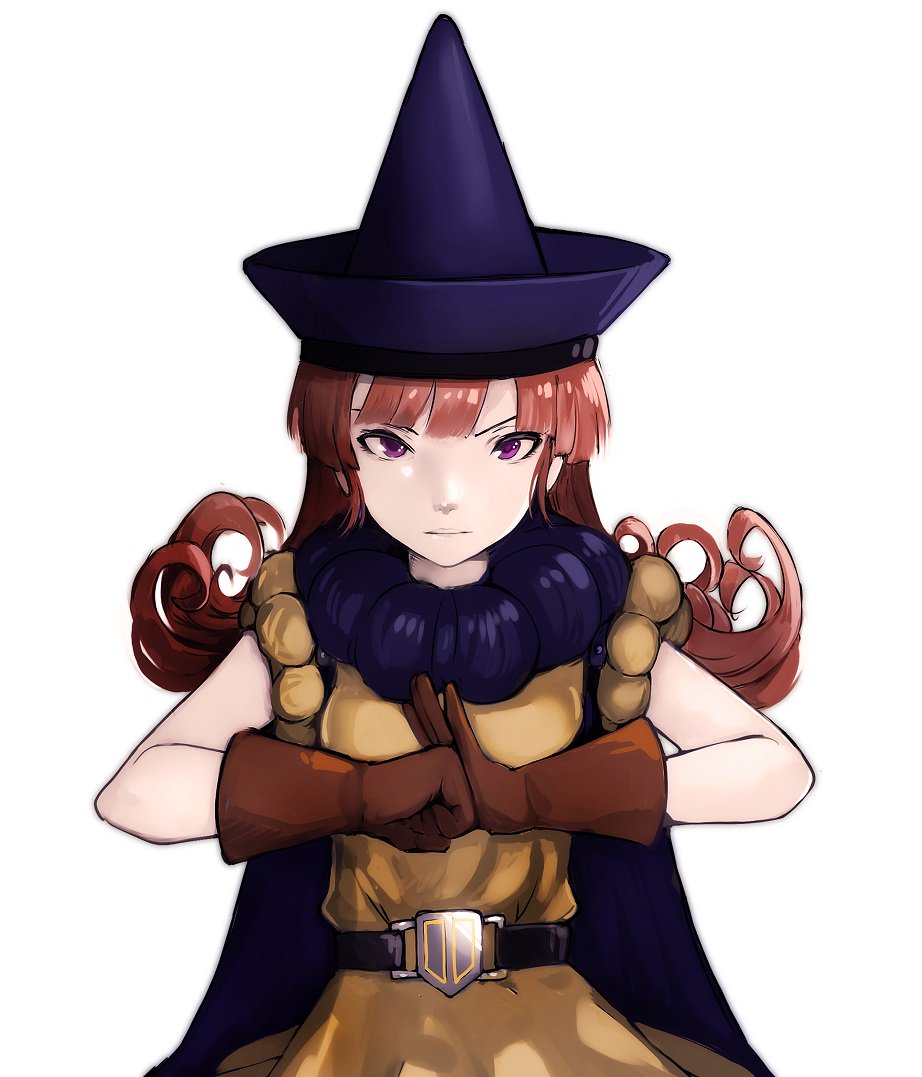 1girl alena_(dq4) belt breasts brown_hair cape closed_mouth commentary_request curly_hair dragon_quest dragon_quest_iv gloves hat long_hair looking_at_viewer red_eyes redhead simple_background skirt solo white_background yellow_skirt