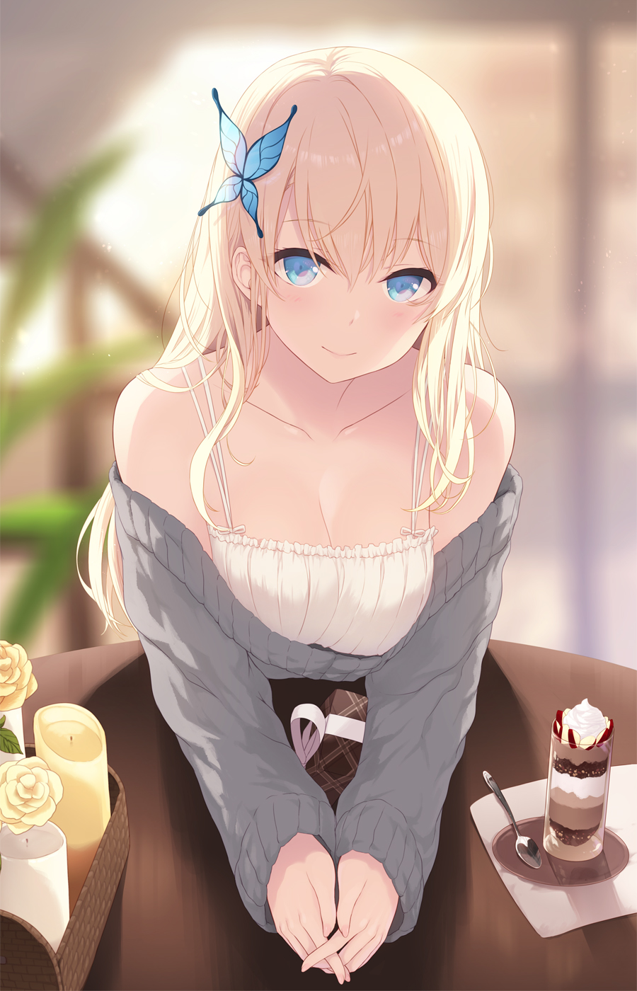 1girl aqua_eyes bangs bare_shoulders beige_dress blonde_hair blue_eyes blurry blurry_background blush boku_wa_tomodachi_ga_sukunai breasts bug butterfly butterfly_hair_ornament cait candle cleavage closed_mouth collarbone cup dress fingers_together flower gift grey_sweater hair_ornament highres indoors insect kashiwazaki_sena large_breasts leaning_on_object long_hair looking_at_viewer off-shoulder_sweater off_shoulder parfait pov saucer sidelocks sleeveless sleeveless_dress smile solo spoon sweater table upper_body yellow_flower