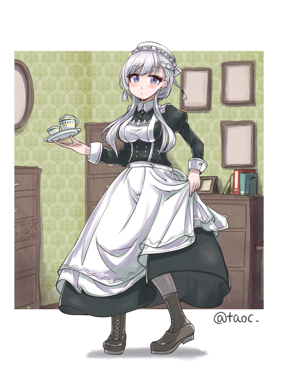 1girl apron_hold azur_lane belfast_(azur_lane) blush braid cup french_braid full_body highres holding holding_plate indoors long_hair maid maid_cap plate silver_hair solo tao_(kadoya) teacup twitter_username violet_eyes
