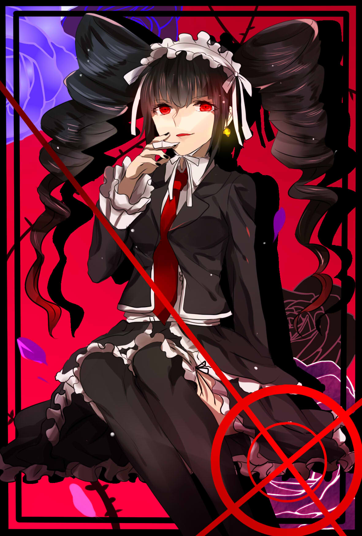 1girl bangs black_coat black_hair black_legwear black_nails black_skirt blue_flower celestia_ludenberck coat dangan_ronpa dangan_ronpa_1 drill_hair earrings eyebrows_visible_through_hair floating_hair flower frilled_skirt frills gothic_lolita gradient_hair hair_ribbon highres invisible_chair jewelry kurozatou_owata lolita_fashion long_hair long_sleeves looking_at_viewer maid_headdress miniskirt multicolored_hair nail_polish necktie open_clothes open_coat parted_lips petals red_eyes red_neckwear redhead ribbon shirt sitting skirt smile solo thigh-highs twintails two-tone_hair very_long_hair white_ribbon white_shirt