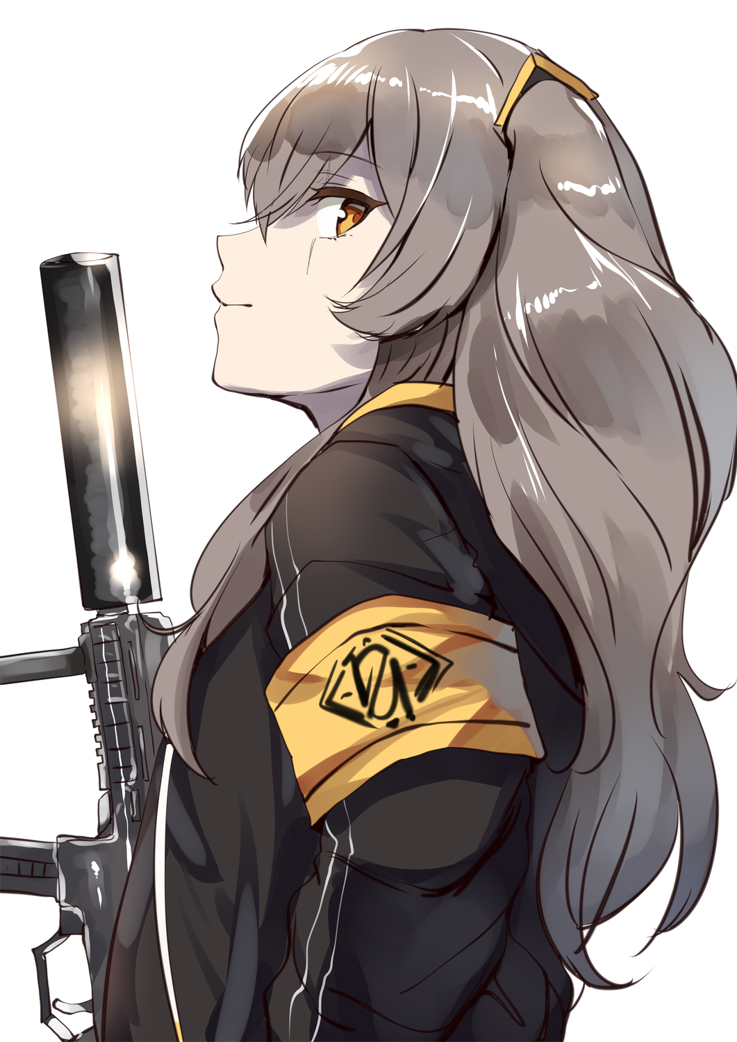 1girl armband girls_frontline grey_hair gun highres jacket lolicept long_hair looking_at_viewer looking_back pale_skin profile scar solo submachine_gun suppressor ump45_(girls_frontline) weapon white_background yellow_eyes
