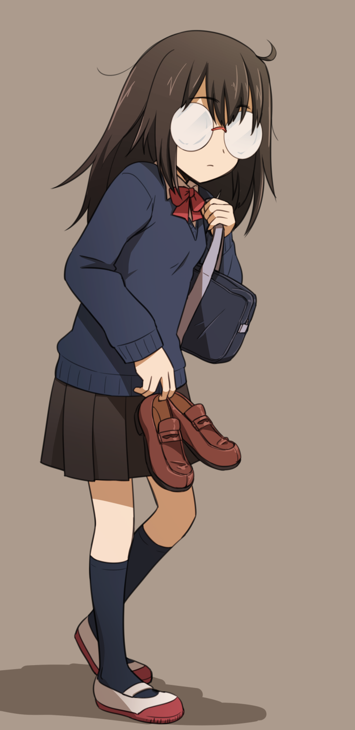 1girl ahoge black_legwear brown_hair commentary full_body glasses highres holding holding_shoes ikune_juugo kneehighs loafers long_hair opaque_glasses original round_eyewear school_uniform shadow shoes shoes_removed simple_background solo sweater uwabaki