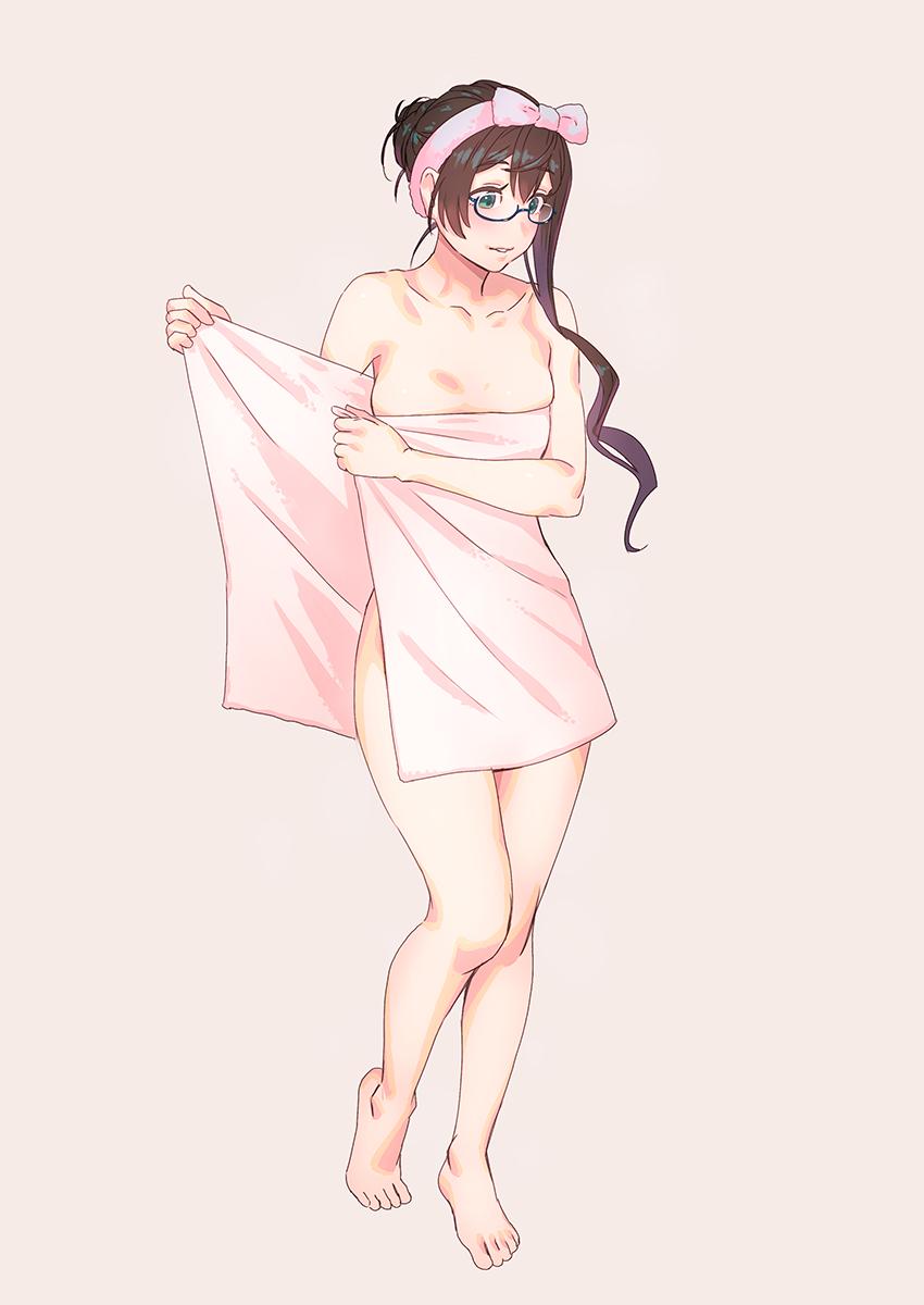 1girl bangs bare_legs bare_shoulders barefoot black_hair blush bow breasts collarbone commentary_request eyebrows_visible_through_hair glasses green_eyes hair_between_eyes hair_bow hairband highres holding holding_towel kantai_collection legs long_hair naked_towel ooyodo_(kantai_collection) open_mouth semi-rimless_eyewear simple_background small_breasts solo standing tied_hair towel under-rim_eyewear yuuji_(and)