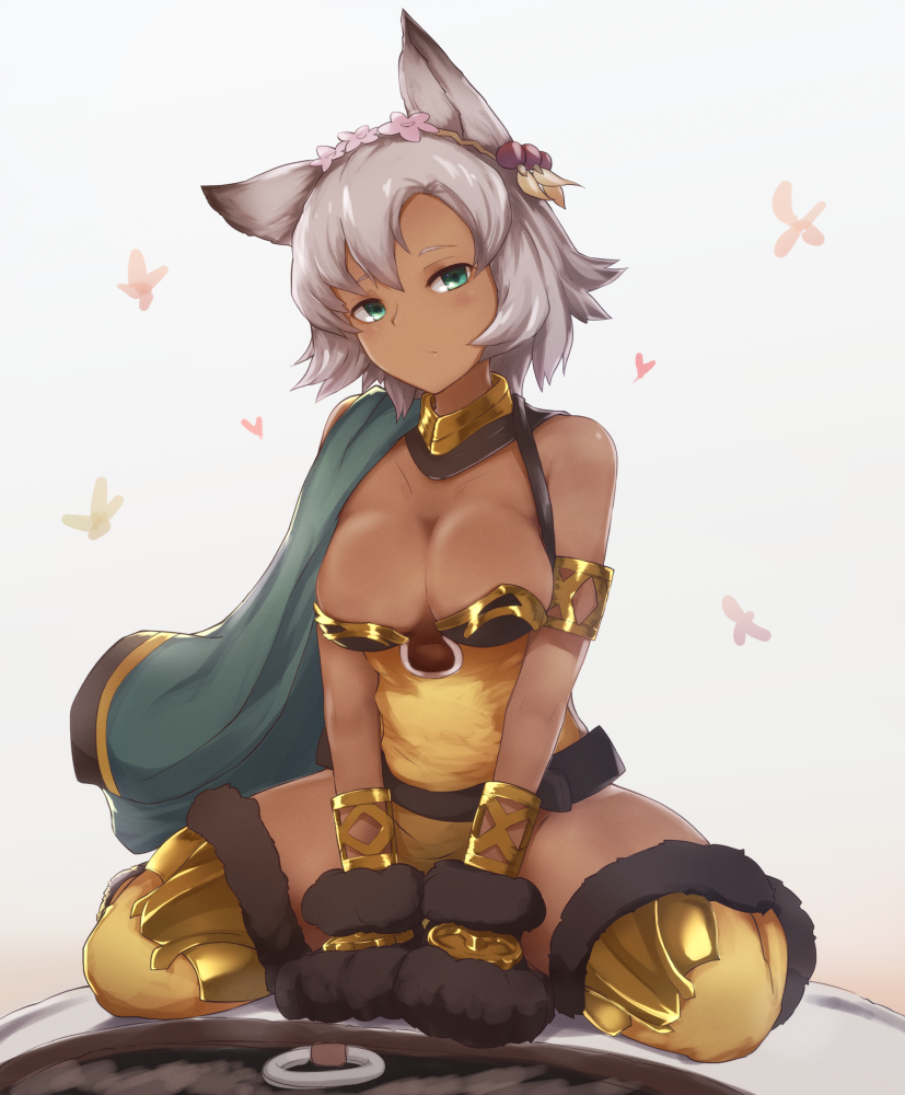 1girl alder animal_ears aqua_eyes black_gloves bracelet breasts cape cat_ears cleavage dark_skin erune flower gloves granblue_fantasy grey_hair hair_flower hair_ornament jewelry looking_at_viewer medium_breasts melleau paw_gloves paws short_hair silver_hair sitting solo thigh-highs yellow_legwear