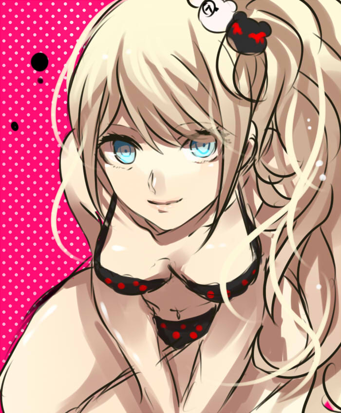 alternate_hairstyle bikini black_bikini blonde_hair blue_eyes breasts bunny_hair_ornament cleavage collarbone dangan_ronpa dangan_ronpa_1 enoshima_junko eyebrows_visible_through_hair hair_between_eyes hair_ornament halterneck kurozatou_owata long_hair looking_at_viewer navel polka_dot polka_dot_background polka_dot_bikini red_background side_ponytail sketch small_breasts smile swimsuit very_long_hair