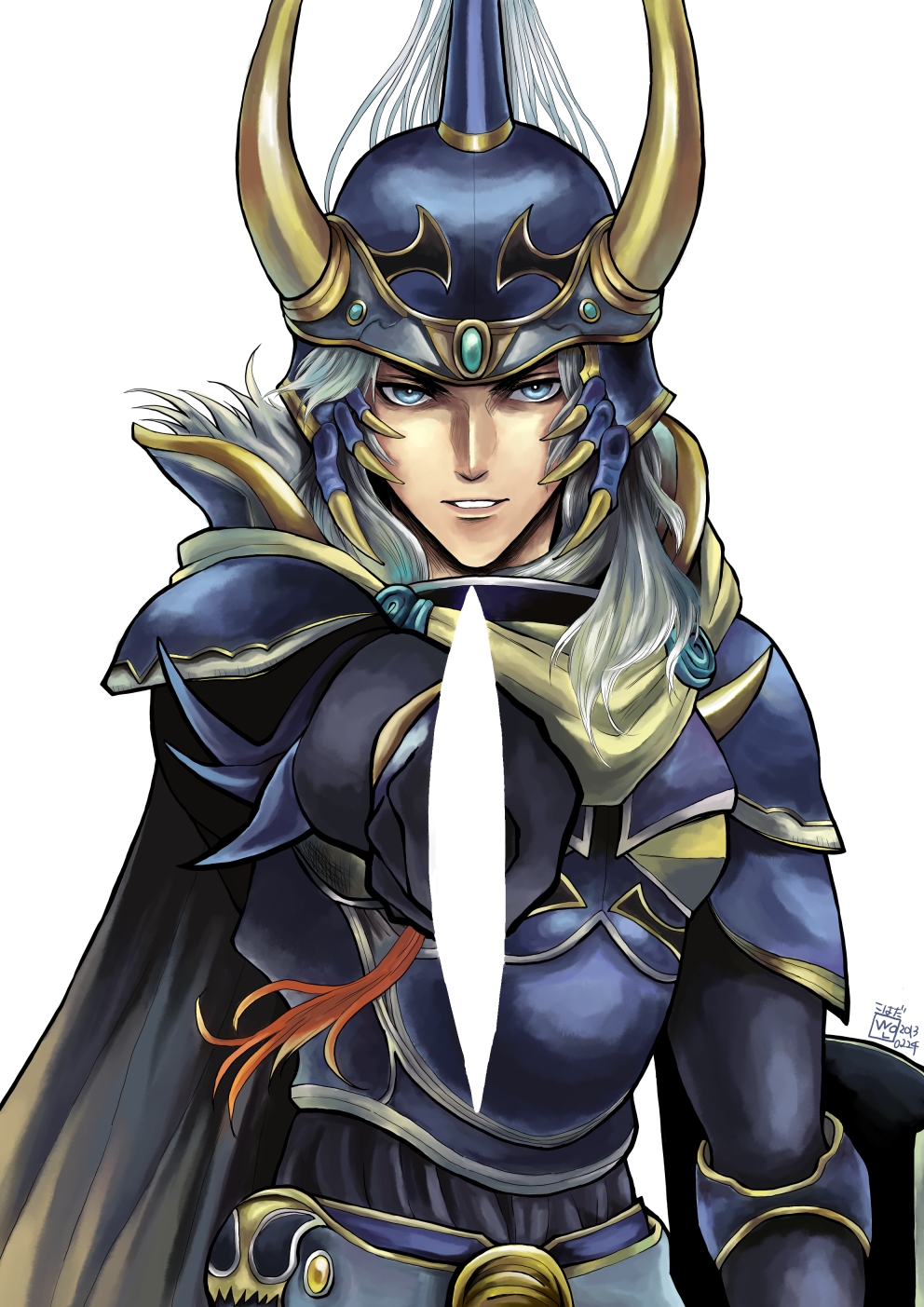 1boy aiming_at_viewer armor blue_eyes blue_theme cape dissidia_012_final_fantasy dissidia_final_fantasy dissidia_final_fantasy_nt final_fantasy final_fantasy_i gloves helmet highres horns long_hair looking_at_viewer male_focus open_mouth pixiv shield silver_hair smile solo sword warrior_(final_fantasy) warrior_of_light weapon