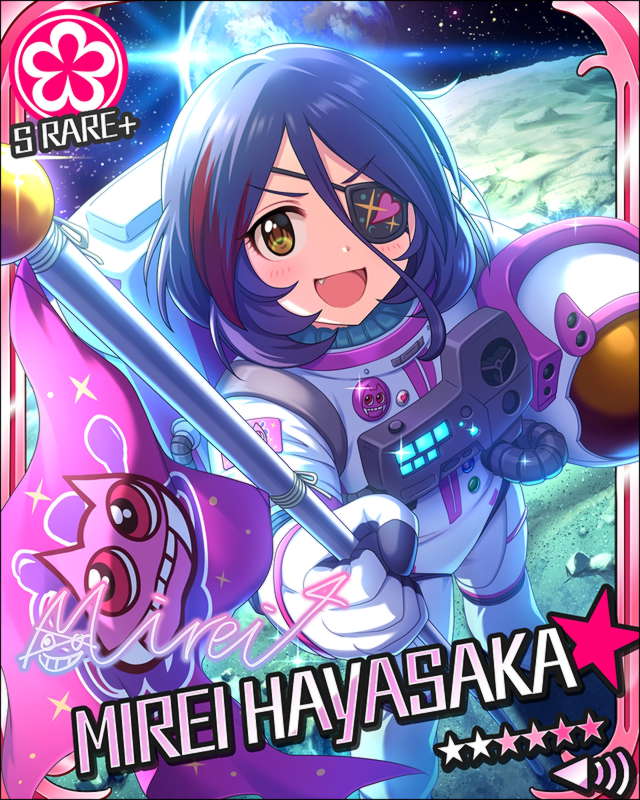 astronaut blush character_name eyepatch hayasaka_mirei idolmaster idolmaster_cinderella_girls purple_hair red_eyes short_hair smile stars