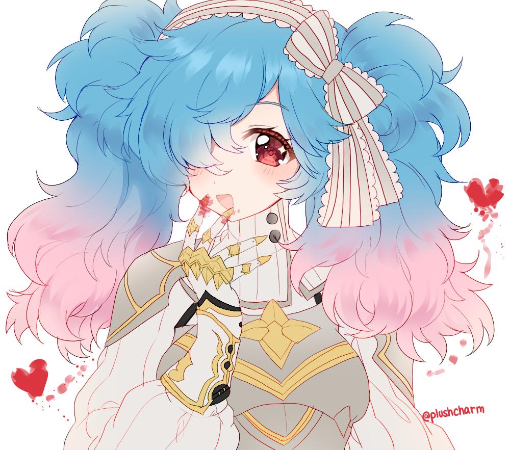 1girl armor blue_hair fire_emblem fire_emblem_if gradient_hair hair_over_one_eye long_sleeves multicolored_hair nintendo open_mouth pieri_(fire_emblem_if) pink_hair plushcharm red_eyes simple_background solo twintails twitter_username upper_body white_background