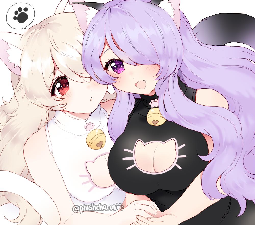 2girls alternate_costume animal_ears bell breasts camilla_(fire_emblem_if) cat_cutout cat_ears cat_tail cleavage cleavage_cutout female_my_unit_(fire_emblem_if) fire_emblem fire_emblem_if hair_over_one_eye hand_holding large_breasts long_hair multiple_girls my_unit_(fire_emblem_if) nintendo open_mouth plushcharm purple_hair red_eyes simple_background sleeveless tail twitter_username violet_eyes white_background white_hair