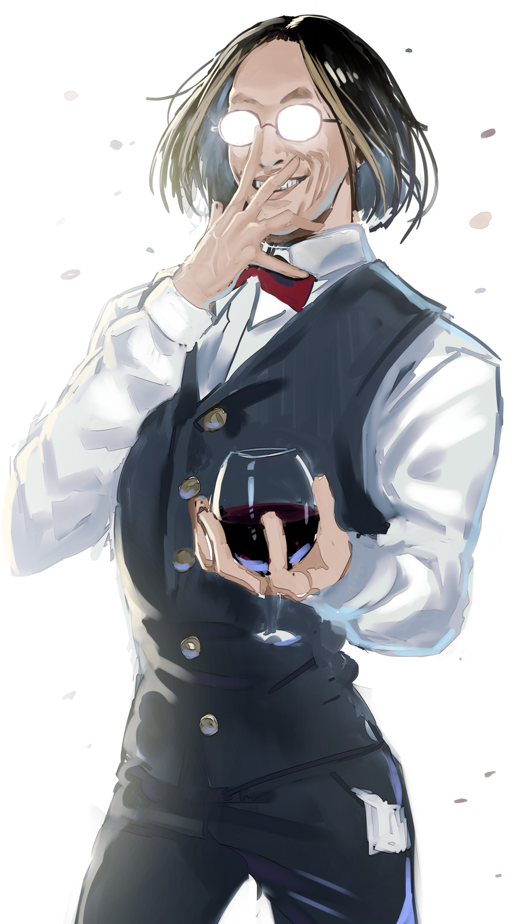 1boy adjusting_eyewear akira_miyagawa alcohol bow bowtie collared_shirt commentary_request conductor cowboy_shot cup cupping_glass drinking_glass formal glasses greatmosu highres holding holding_cup long_sleeves looking_at_viewer male_focus opaque_glasses portrait real_life red_neckwear shirt simple_background smile solo teeth waistcoat white_background white_shirt wine wine_glass