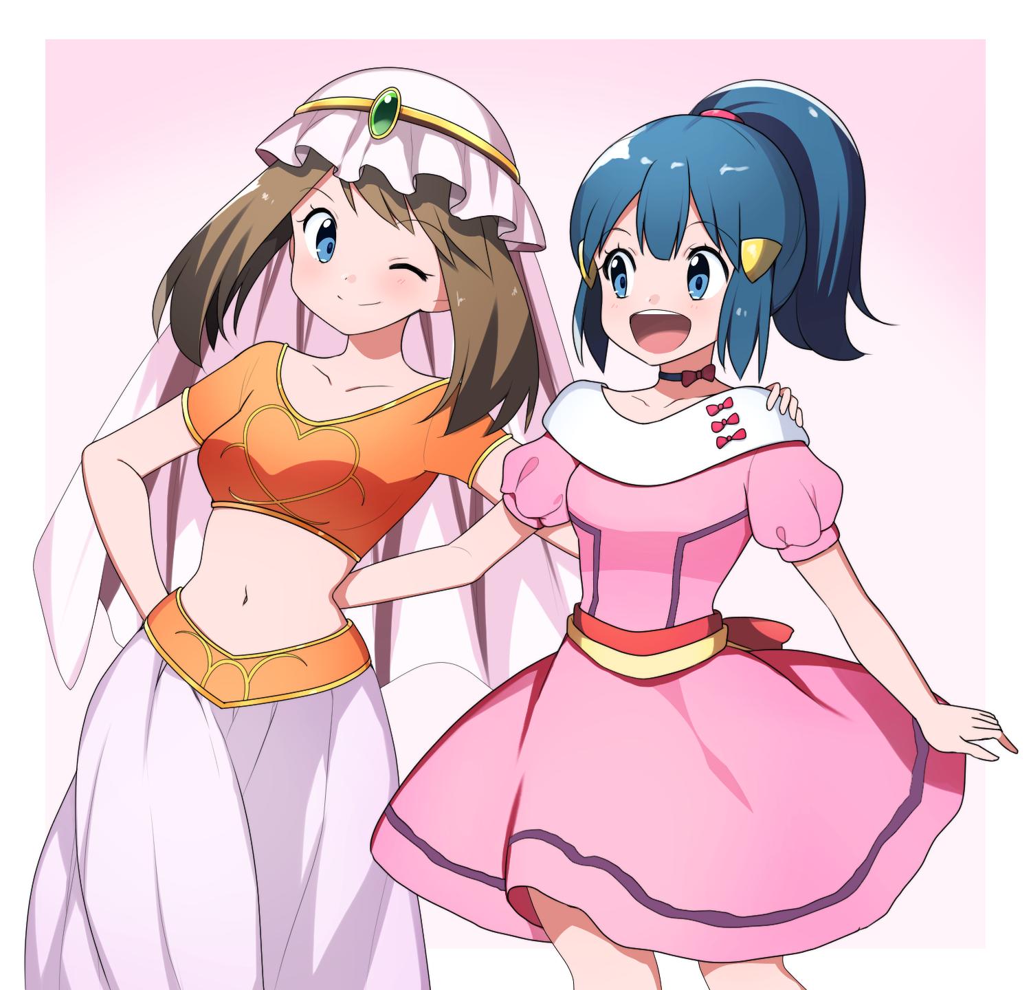 2girls :d ;) blue_eyes blue_hair bow brown_hair choker collarbone creatures_(company) crop_top dress eyebrows_visible_through_hair game_freak hair_ornament hairclip hand_on_another's_shoulder haruka_(pokemon) high_ponytail highres hikari_(pokemon) long_hair long_skirt looking_to_the_side low-tied_long_hair midriff multiple_girls navel nintendo one_eye_closed open_mouth pink_dress pokemon pokemon_(anime) pokemon_ag pokemon_dp_(anime) red_bow shiny shiny_hair short_dress short_sleeves simple_background skirt smile standing stomach white_background white_skirt yuihiko
