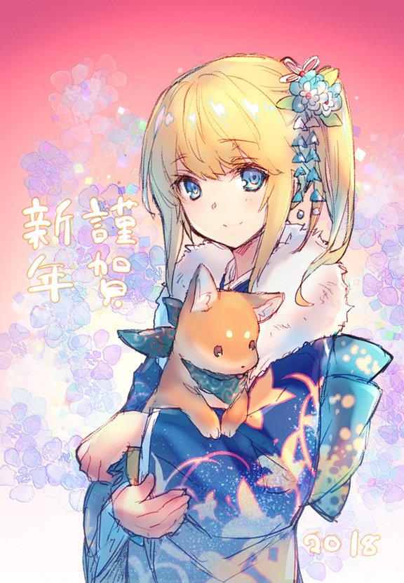 1other 2018 bangs blonde_hair blue_eyes blush chevalier_d'eon_(fate/grand_order) dog fate/grand_order fate_(series) flower fur_trim hair_flower hair_ornament japanese_clothes kimono long_hair long_sleeves looking_at_viewer new_year sash short_kimono simple_background smile solo trap wanko_(takohati8) yukata