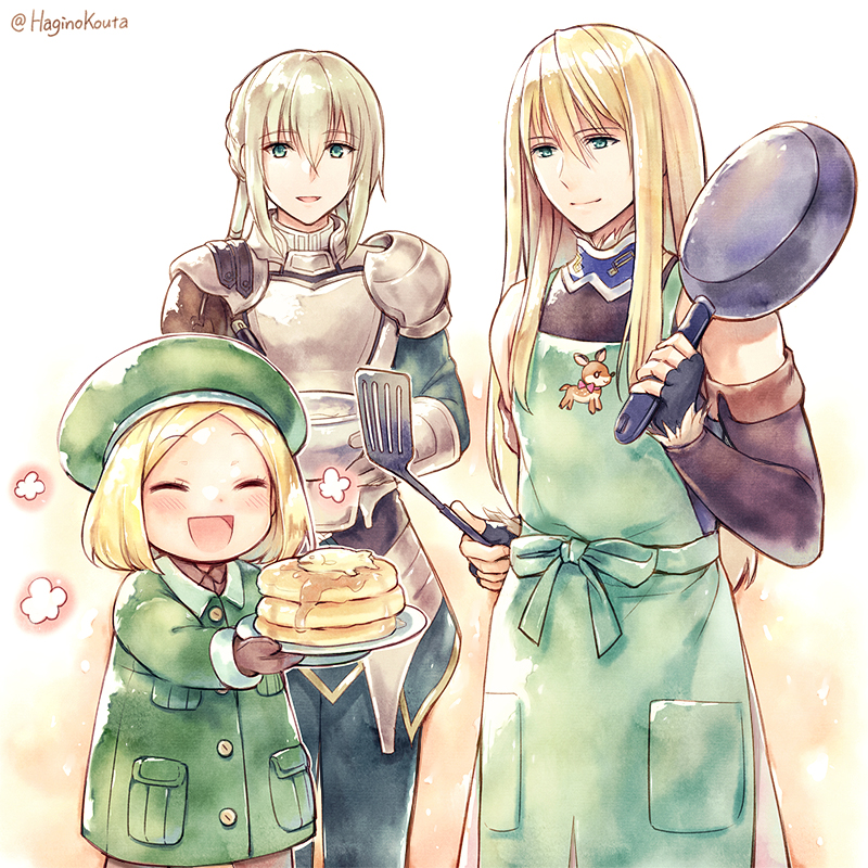 1girl 2boys :d ^_^ apron bangs bedivere beret black_gloves black_pants blonde_hair blush bowl breastplate brown_gloves brown_legwear brown_shirt brown_sleeves closed_eyes closed_eyes closed_mouth collared_jacket collared_shirt commentary_request detached_sleeves eyebrows_visible_through_hair fate/grand_order fate_(series) fingerless_gloves fionn_mac_cumhaill_(fate/grand_order) food forehead frying_pan gauntlets gloves green_apron green_eyes green_hat green_jacket hagino_kouta hair_between_eyes hat holding holding_bowl holding_frying_pan holding_plate jacket light_brown_hair long_hair long_sleeves looking_at_another looking_at_viewer looking_away multiple_boys open_mouth pancake pants pantyhose parted_bangs paul_bunyan_(fate/grand_order) plate print_apron shirt sleeveless sleeveless_shirt smile spatula stack_of_pancakes twitter_username very_long_hair