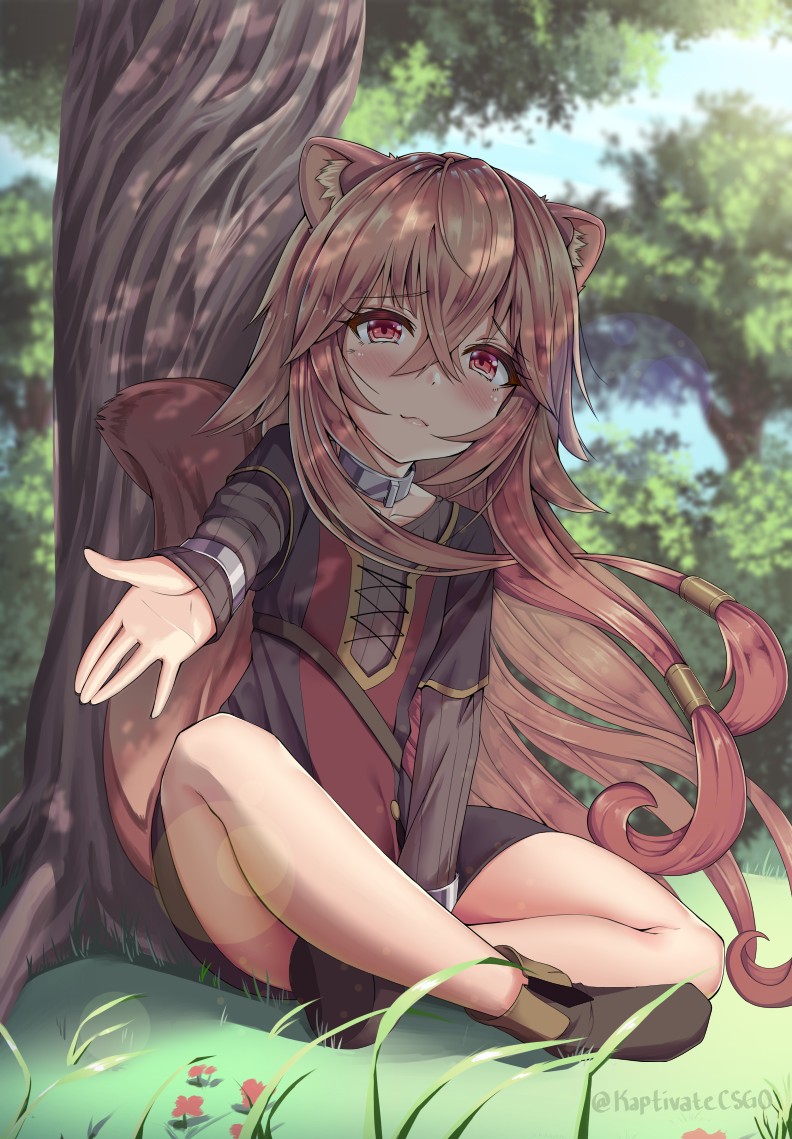 blush brown_hair child dress full_body half-closed_eyes kaptivate long_hair long_sleeves looking_at_viewer outstretched_arm raphtalia reaching_out ribbed_sweater sitting smile sweater tate_no_yuusha_no_nariagari violet_eyes