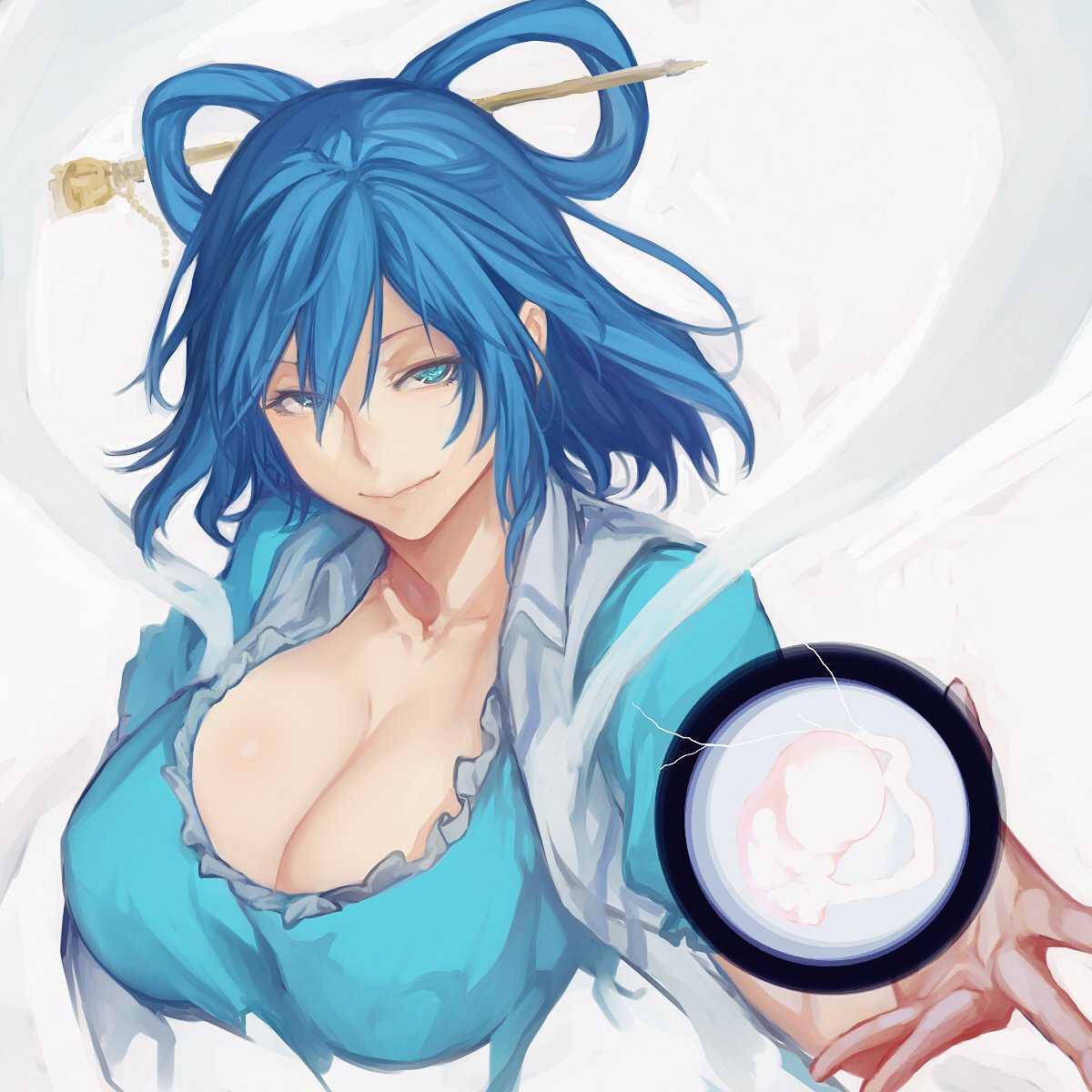 1girl bangs blue_dress blue_eyes blue_hair breasts cleavage collarbone commentary_request cropped_torso dress embryo grey_background hair_between_eyes hair_ornament hair_rings hair_stick highres kaku_seiga looking_at_viewer puffy_short_sleeves puffy_sleeves shawl short_hair short_sleeves simple_background smile solidstatesurvivor solo touhou upper_body vest white_vest