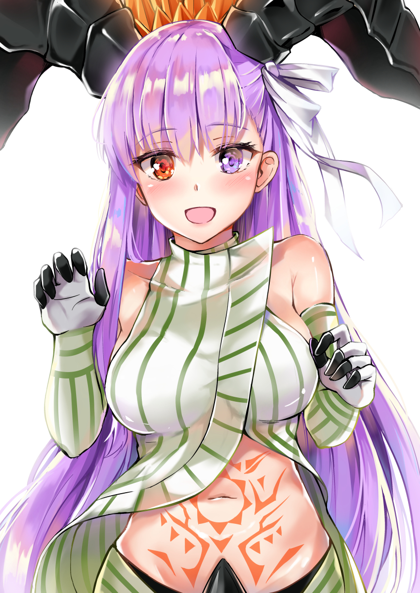 1girl :d bangs bare_shoulders blush breasts collarbone commentary_request elbow_gloves eyebrows_visible_through_hair fate/grand_order fate_(series) gloves hair_ribbon heterochromia highres horns kingprotea konka long_hair looking_at_viewer medium_breasts navel open_mouth purple_hair red_eyes revealing_clothes ribbon smile solo stomach stomach_tattoo straight_hair striped striped_gloves tattoo upper_body very_long_hair violet_eyes white_gloves white_ribbon