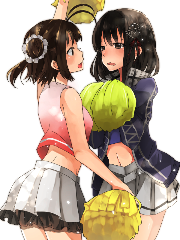 alternate_costume antenna_hair arm_up bare_shoulders black_hair blue_jacket blue_shirt bob_cut brown_eyes brown_hair check_commentary cheerleader commentary commentary_request cowboy_shot crop_top double_bun embarrassed eye_contact face-to-face frills haguro_(kantai_collection) hair_ornament hairclip hands_on_own_chest jacket kantai_collection looking_at_another naka_(kantai_collection) open_mouth pink_shirt pom_poms rinto_(rint_rnt) shirt short_hair simple_background skirt track_jacket white_background white_skirt yellow_pom_poms