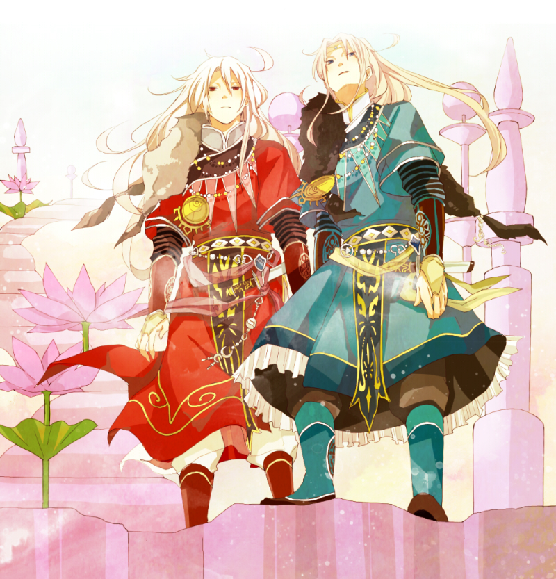 2boys albino androgynous arm_guards beads blonde_hair blue_(saga_frontier) blue_eyes bracelet dagger forehead_jewel fur_trim gem hair_ornament jewelry long_hair looking_at_viewer male_focus multiple_boys necklace red_eyes ribbon rouge_(saga_frontier) saga saga_frontier scarf sheath sheathed siblings skirt souichi twins very_long_hair weapon white_hair