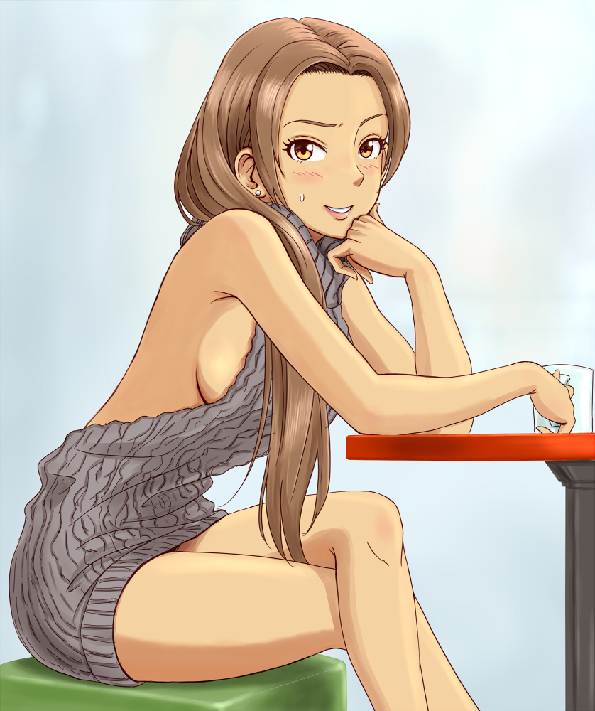 1girl anbj backless_outfit blush breasts brown_eyes brown_hair cup earrings grey_background grey_sweater hair_over_shoulder holding holding_cup idolmaster idolmaster_cinderella_girls jewelry legs_crossed long_hair looking_at_viewer matsunaga_ryou medium_breasts meme_attire ribbed_sweater sideboob simple_background sitting sleeveless smile solo sweatdrop sweater very_long_hair virgin_killer_sweater