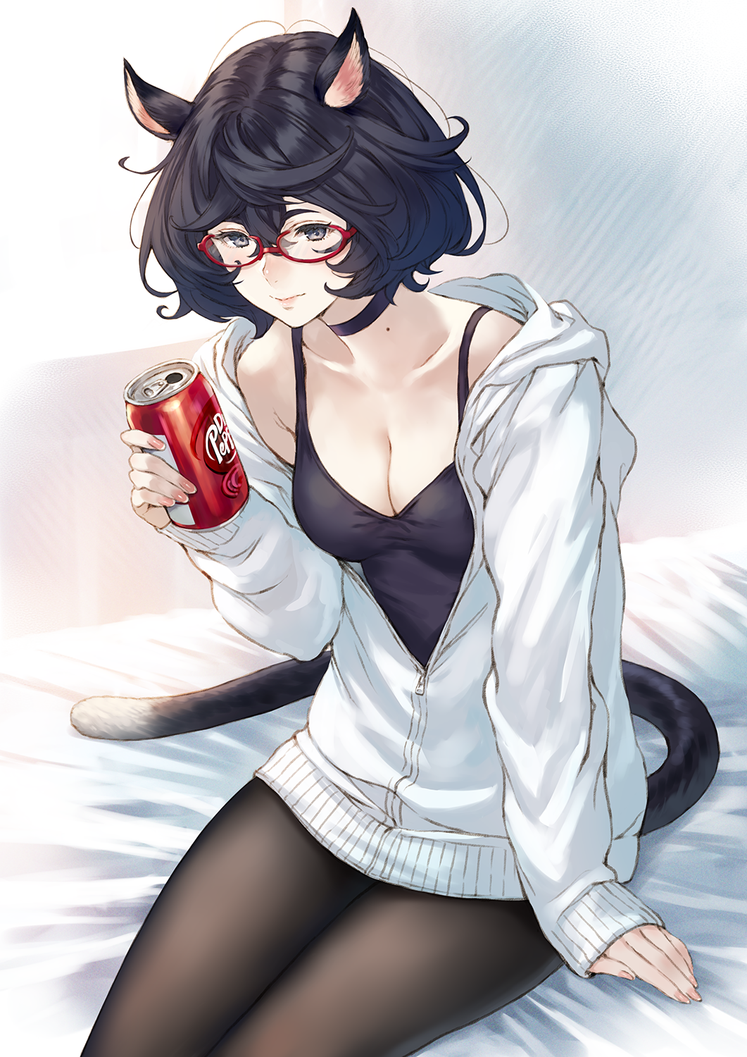 1girl animal_ears bangs black_choker black_eyes black_hair black_legwear black_tank_top breasts can cat_ears cat_tail choker cleavage closed_mouth collarbone dr_pepper glasses hair_between_eyes highres holding holding_can jacket lips long_sleeves looking_at_viewer makimura_shunsuke medium_breasts messy_hair mole mole_on_neck original pantyhose red-framed_eyewear short_hair sitting soda_can solo tail tank_top white_jacket zipper_pull_tab