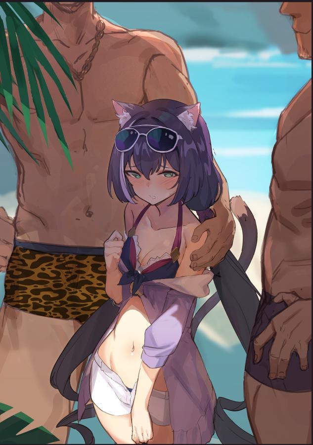 1girl 2boys animal_ears animal_print bikini blurry blurry_background blush breasts cat_ears cat_tail cleavage cowboy_shot depth_of_field eyewear_on_head green_eyes hand_on_another's_shoulder head_out_of_frame height_difference jewelry kyaru_(princess_connect) leopard_print long_hair low_twintails midriff multicolored_hair multiple_boys navel necklace open_pants outdoors princess_connect!_re:dive purple_hair seinen short_shorts shorts small_breasts streaked_hair sunglasses swimsuit tail twintails very_long_hair
